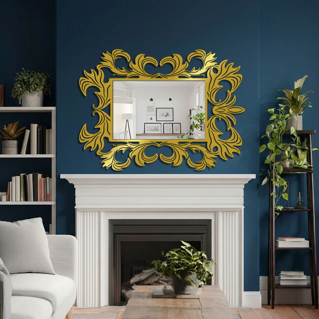 Displaying decorative metal art in a baroque-style wall mirror, the ornate frame adds a luxurious touch to a classic living room.