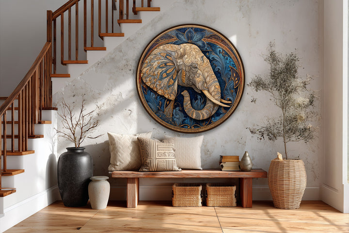 Stillness permeates the ornate elephant round, a captivating oil painting home decor piece with golden floral details, radiating a royal and timeless calm.
