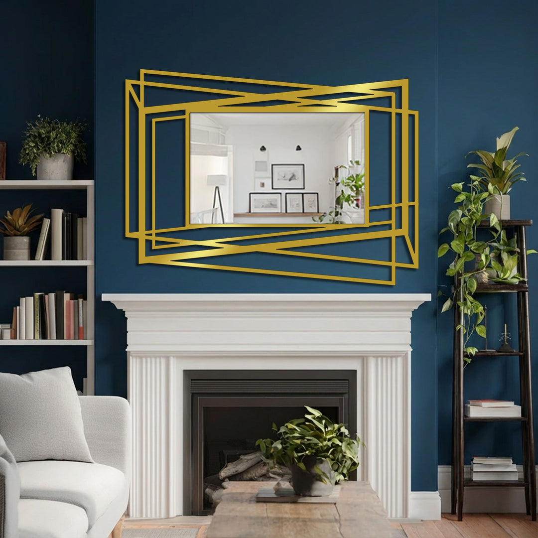 Foreground plant life draws the eye to this decorative mirror reflecting a bright interior within a multi-layer abstract geometric frame.