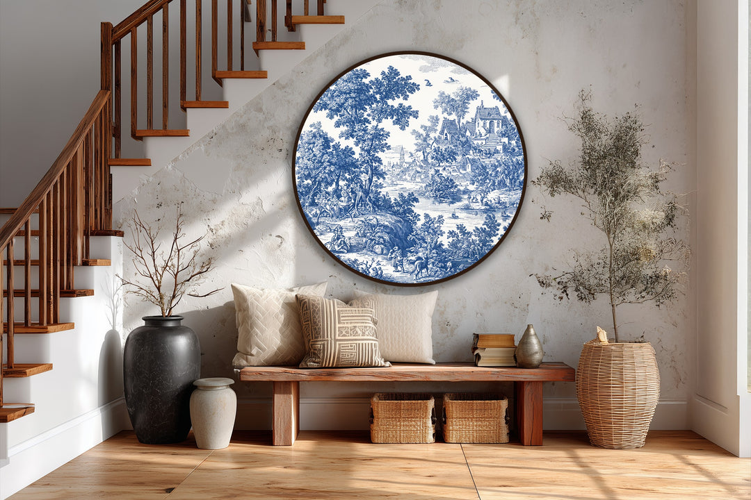 Toile azul clásico campestre – Redondo Cuadro al óleo