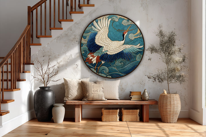 Depicted is the celestial flight of a graceful crane taking wing amidst swirling ocean waves in this round oil painting art piece.