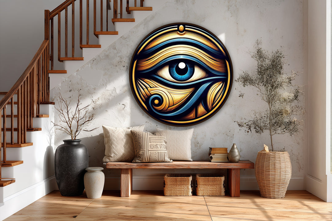 Circular Eye of Horus oil painting offers a round orientation featuring modern oil painting art with an Egyptian-inspired mystic guardian design in blue and gold.