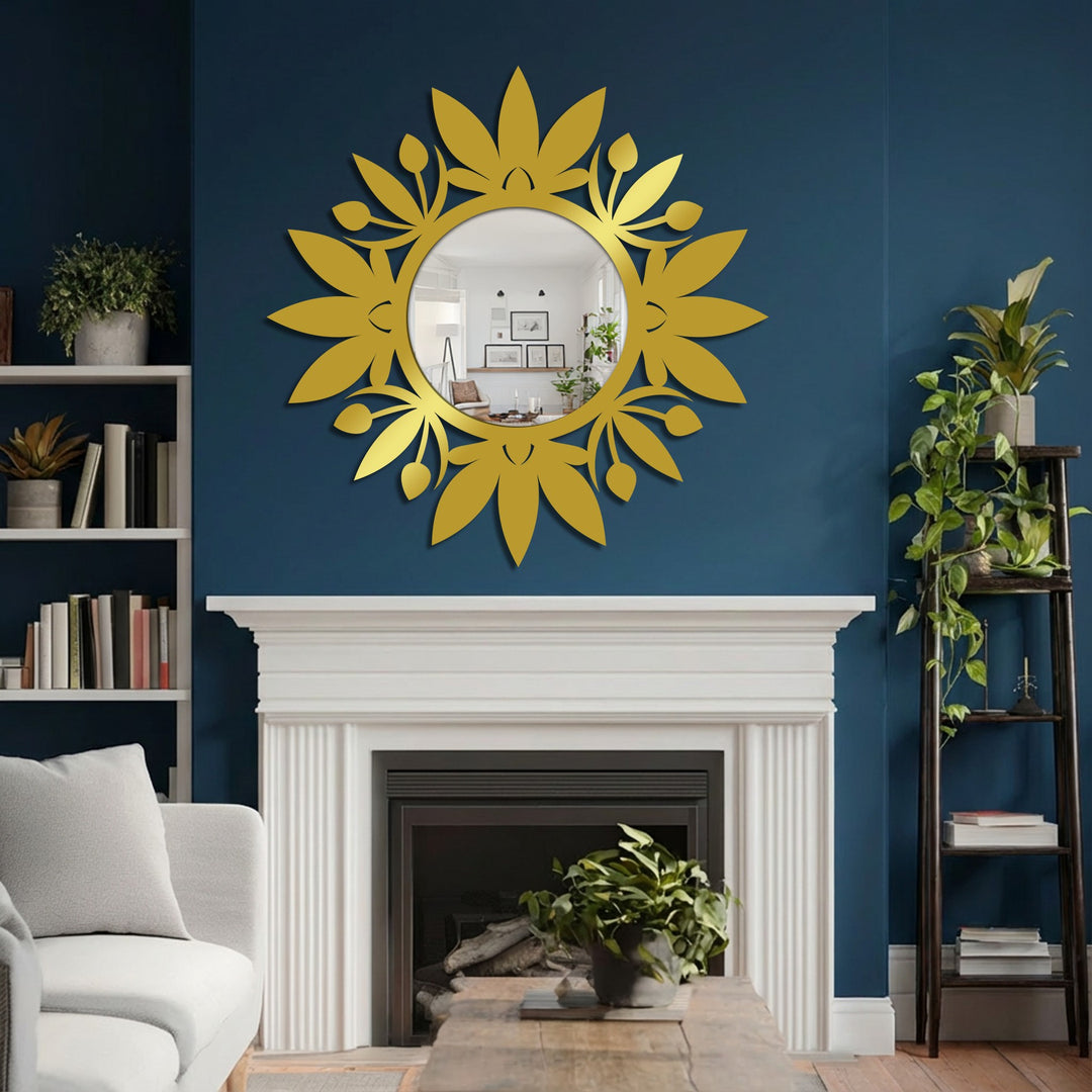 Circular mirror with floral leaf frame