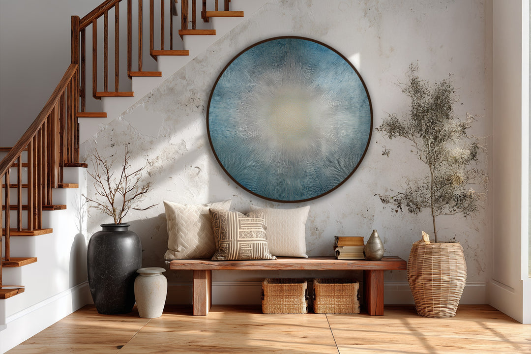 Illuminating depth and layers define this radiant horizon abstract sunburst round oil painting, a captivating piece of oil painting home decor with ethereal glow.