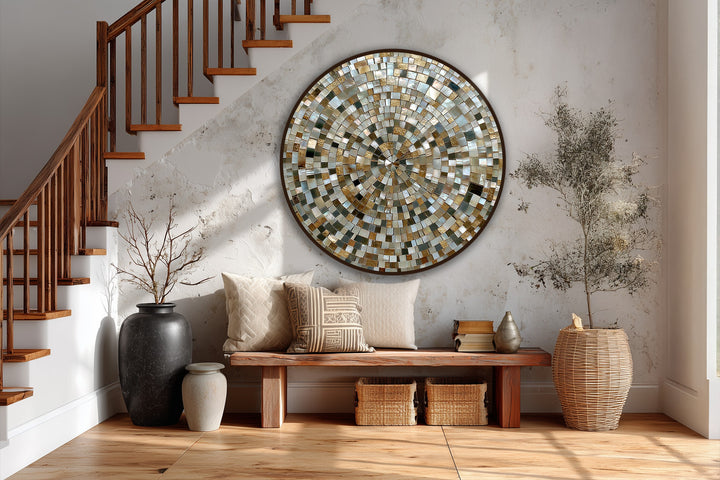 Reflecting organic forms, the round mosaic pattern of the golden spiral harmony captures the movement of nature in this modern oil painting art.