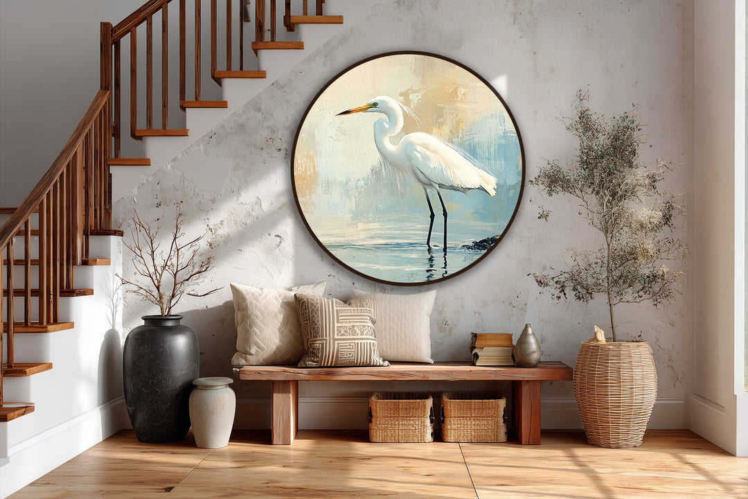 Morning Stillness – White Egret Coastal Oil Painting