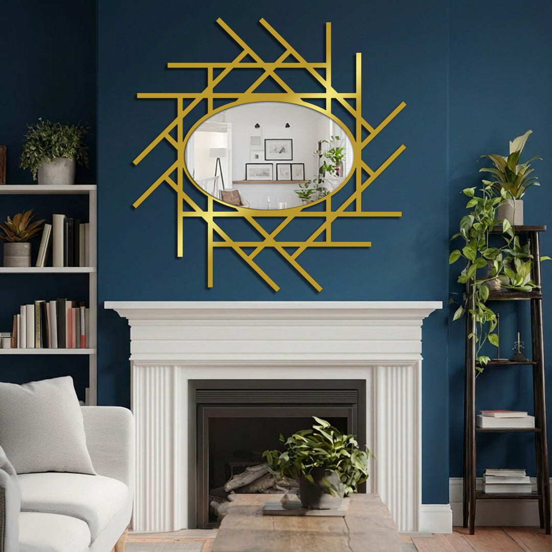 Reflected in the abstract linear grid oval floor mirror is a room that demonstrates depth through its receding layers, subtly enhancing the stained glass wall mirror design.
