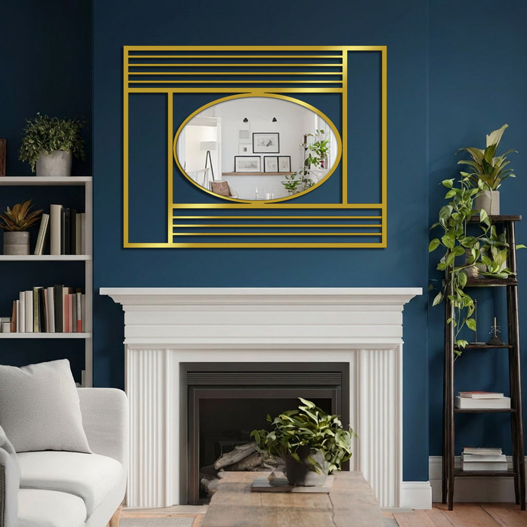 A gold geometric design creates a striking edge and border for this modern oval framed wall mirror.