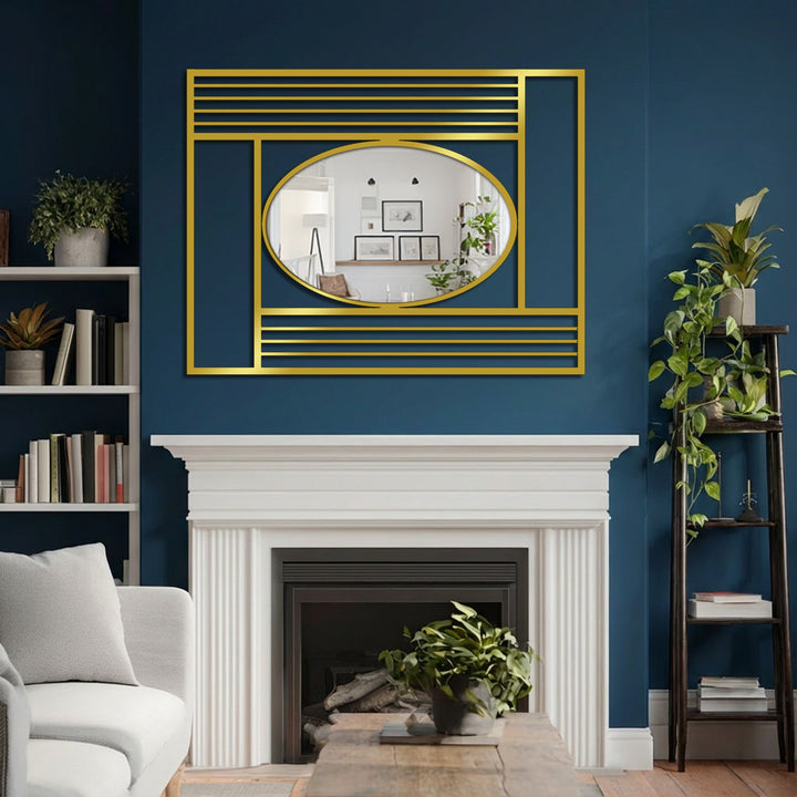A gold geometric design creates a striking edge and border for this modern oval framed wall mirror.