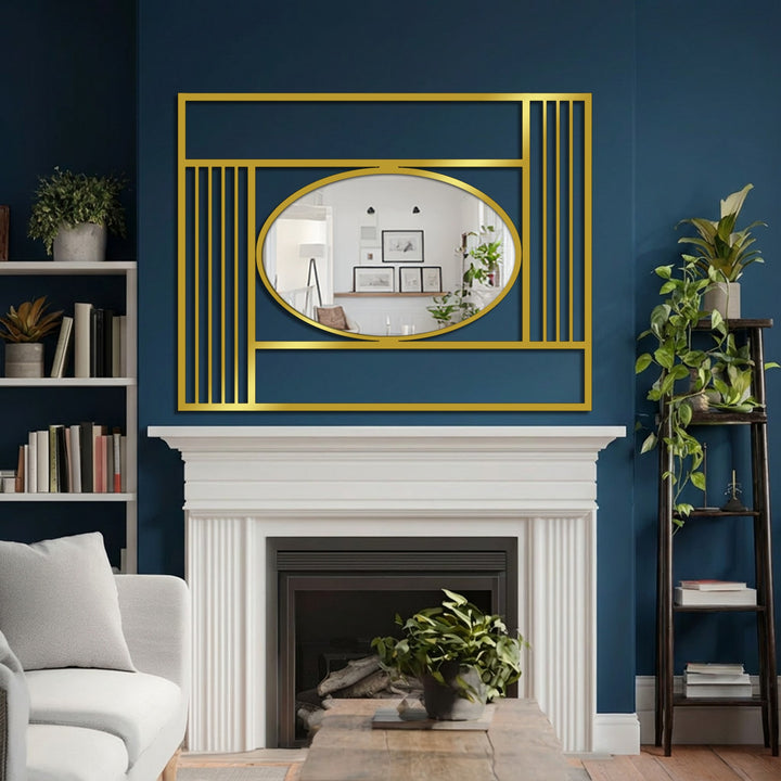 Reflected light highlights the oval shaped stained glass wall mirror, accentuating structured lines of the geometric metal frame.