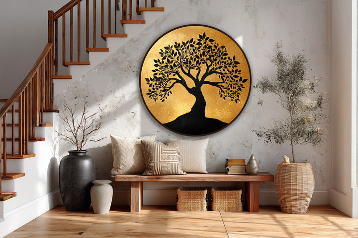 Highlighting the abstract quality, the golden serenity showcases an oil painting art piece with a tree silhouette, blending nature and artful form into a round artwork.
