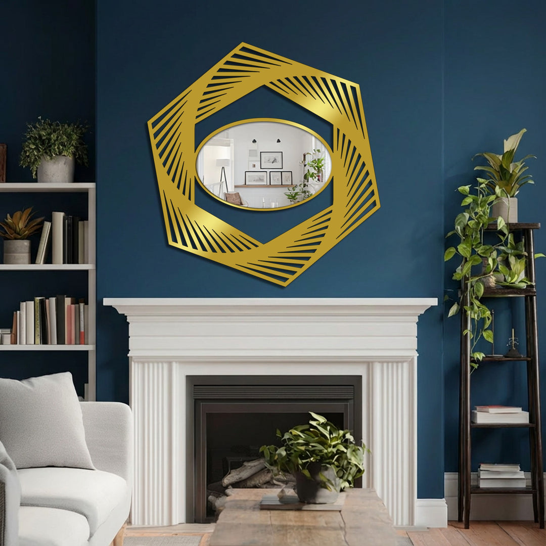 Showcasing the focal point of a dynamic hexagon illusion, geometric oval floor mirror framed in metallic gold, adding a modern touch like stained glass wall mirror.