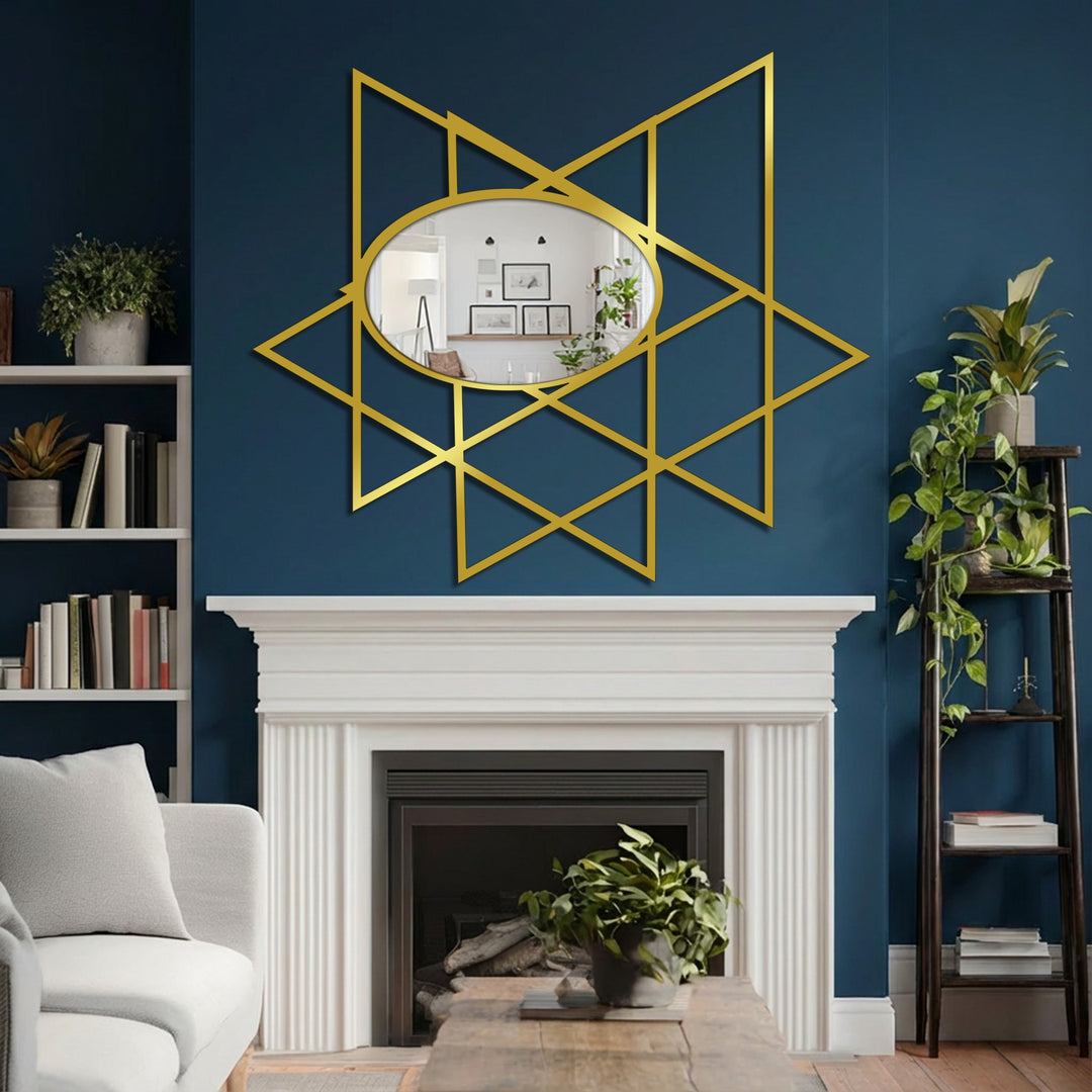 Reflecting light, the glass oval in the geometric metal decoration wall art mirror brightly illuminates the overlapping triangles.