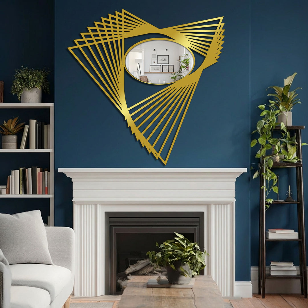 The shadowy fireplace and interior reflection contrast with the oval stained glass wall mirror encompassed by an angular geometric decoration wall art design above.