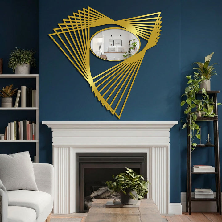 The shadowy fireplace and interior reflection contrast with the oval stained glass wall mirror encompassed by an angular geometric decoration wall art design above.