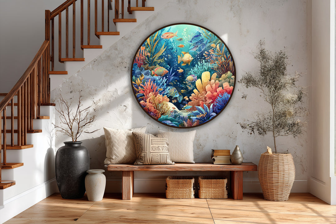 Récif corallien vibrant avec poissons tropicaux rond Tableau Peinture à l’huile
