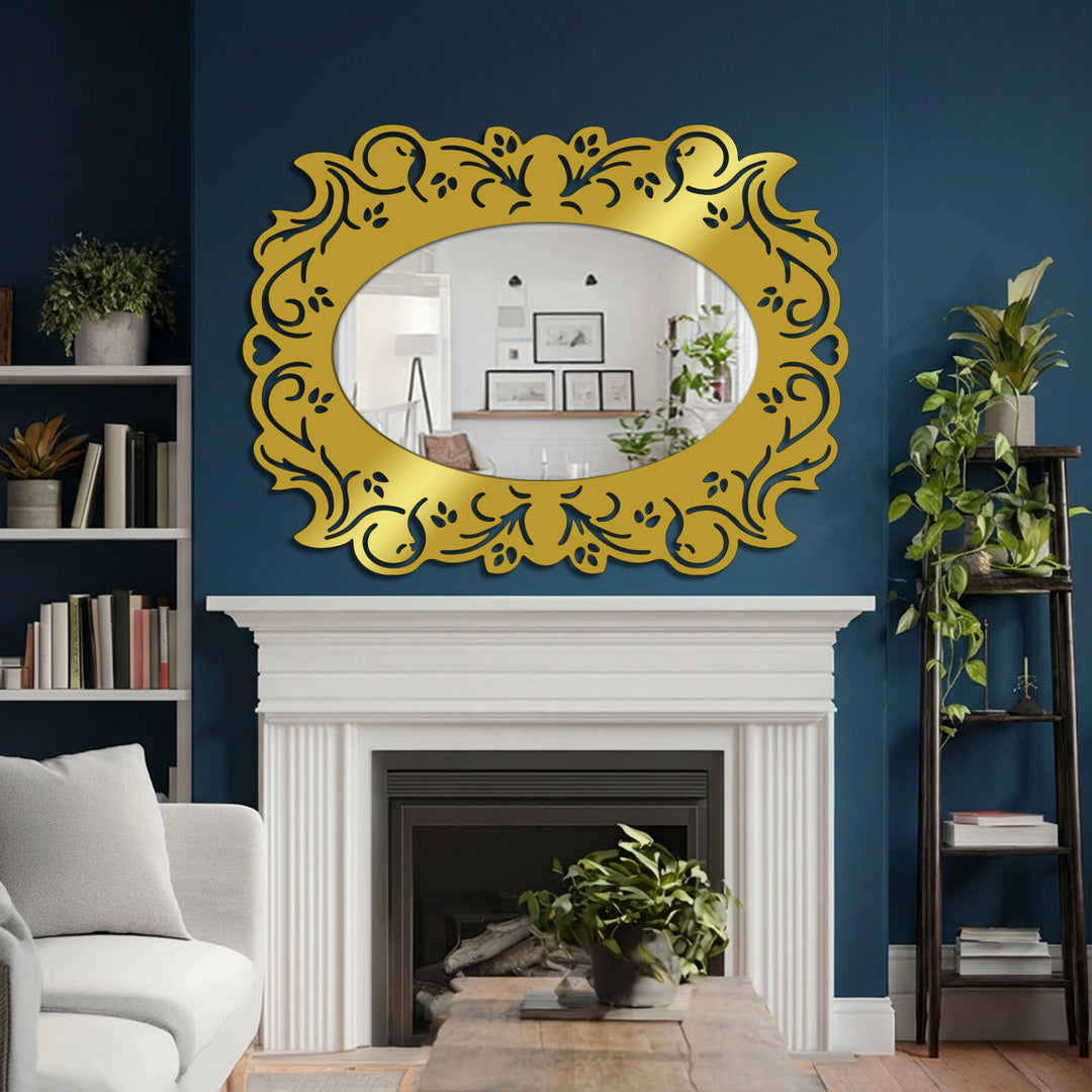 Gleaming, gold-toned finish on a romantic floral frame enhances this decorative oval floor mirror for wall decor, reflecting light and adding elegance to any space.