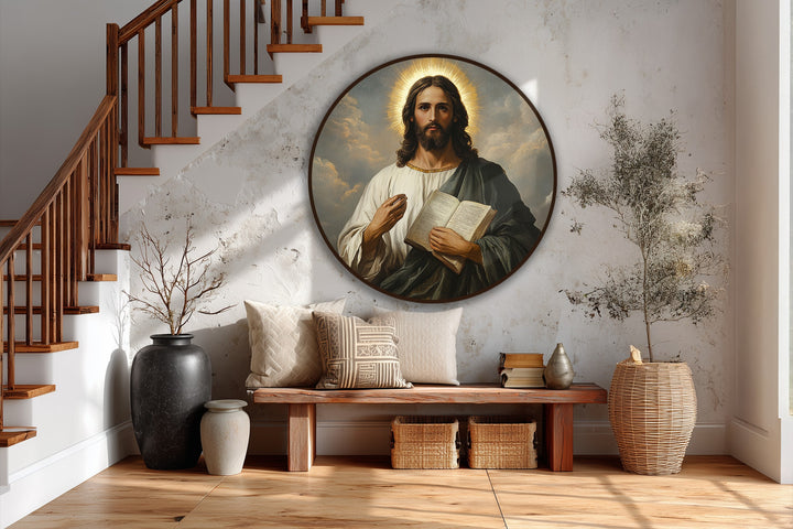 Highlighting the layering effect, the divine wisdom portrait showcases meticulous oil painting art prints behind the bench, contrasting with the serene biblical scene within the round frame.