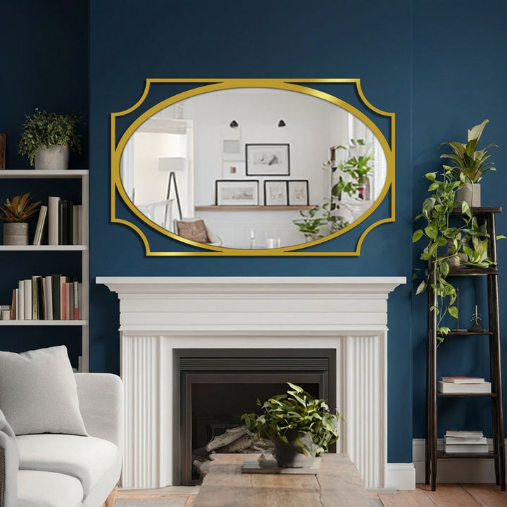 Warm lighting reflects in the minimalist oval floor mirror, contrasting with the cool blue wall and highlighting the unique metal wall art frame.