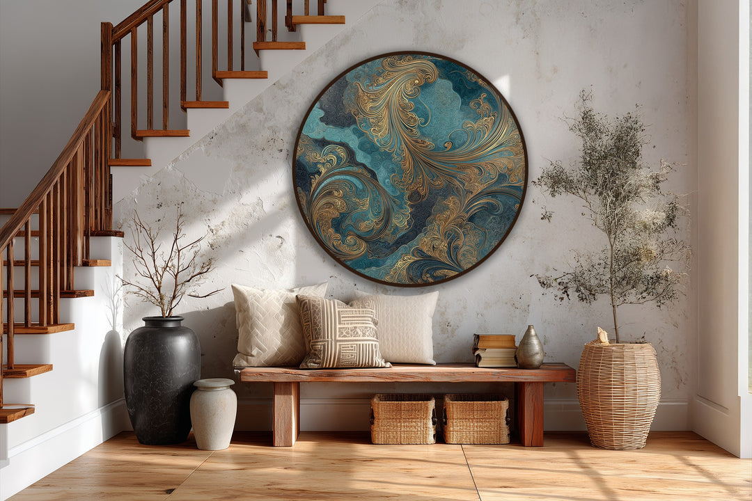 Featuring intersecting circular and curvilinear patterns, the teal and gold abstract round oil painting wall art offers a modern geometric focal point.