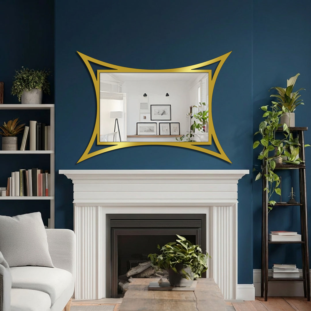 Foreground coffee table and potted plant add cozy detail to the interior reflected in this curved edge frame, offering modern metal artwork decorating with wall mirrors.