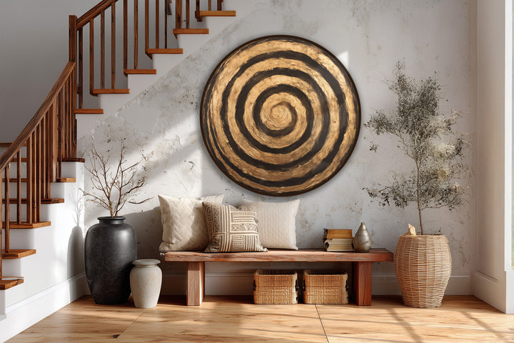 Circular forms in this oil painting wall art create a compelling visual rhythm of gold and dark tones, swirling inward like a golden ripple in a pond.