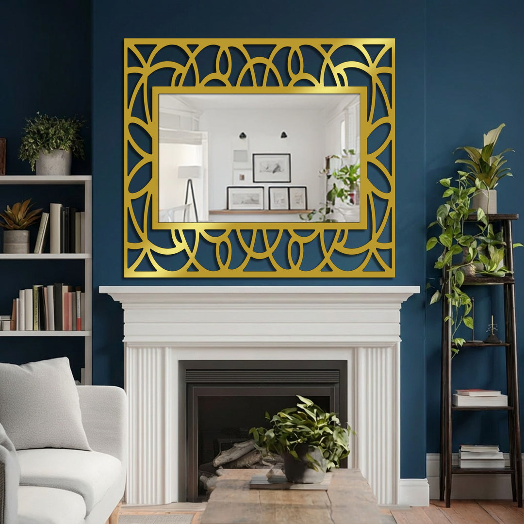 Elaborate borders of this floor mirror showcase a symmetrical floral geometric design, creating decorative metal art to enhance any space.