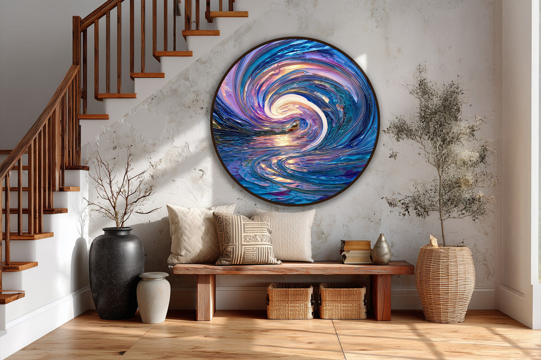Textured walls, paired with a wooden staircase and bench, establish a rustic backdrop that accentuates the modern oil painting art of a celestial tide.