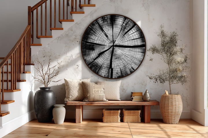 Irregular surface texture defines the monochrome tree ring oil painting artwork, accentuating the natural wood grain and minimalist round form.