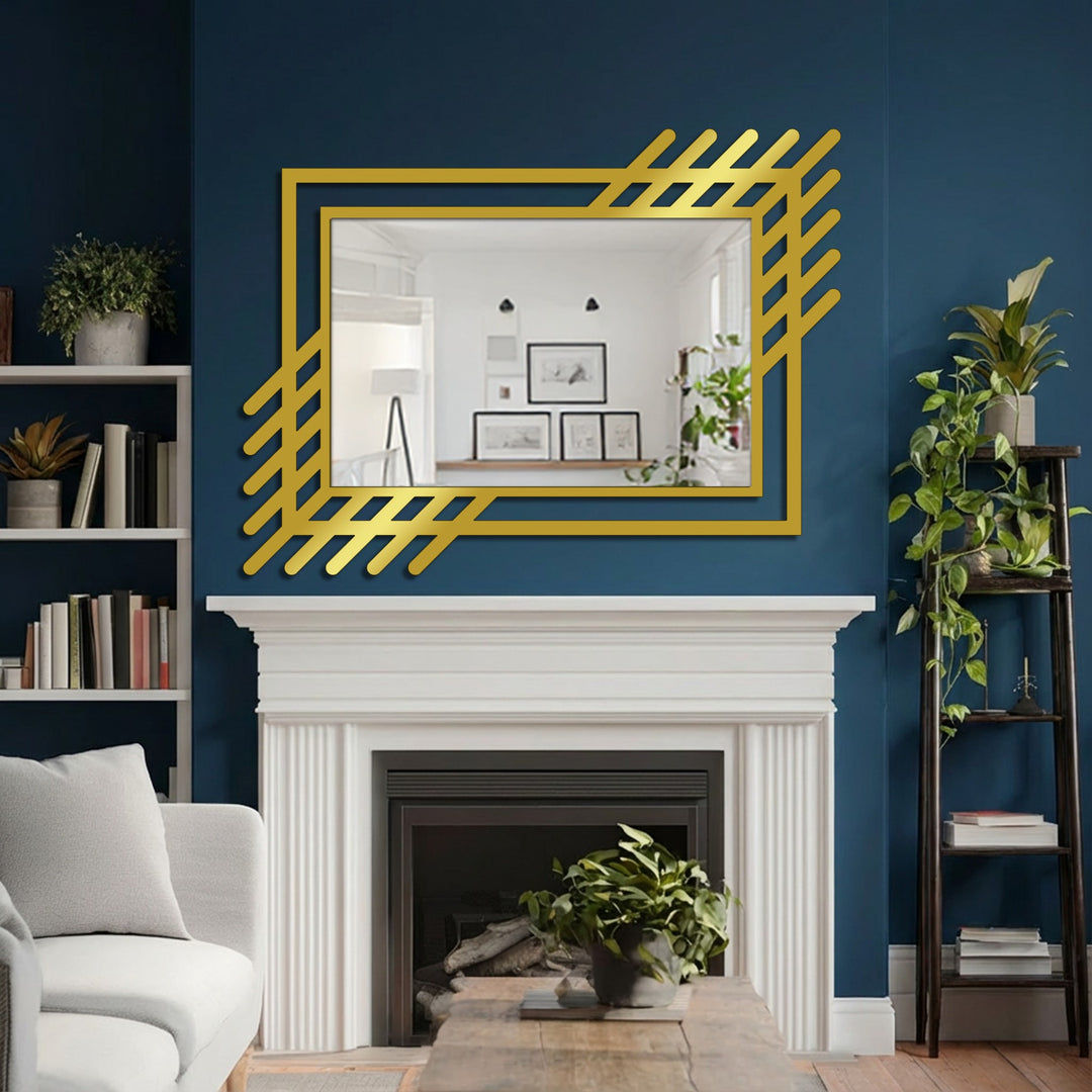 The realistic detail captures the linear framed modern mirror reflecting a bright living space, enhanced with geometric metal art for wall design.