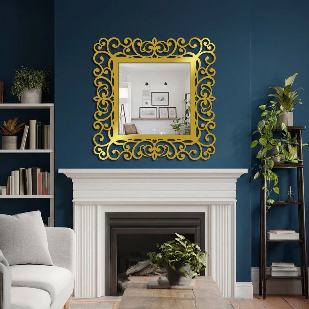 Deep blue walls offer a stark, luxurious backdrop for the ornate metal artwork mirror and classic interior decor.