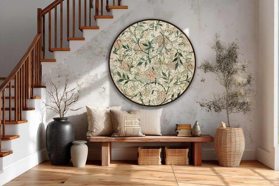 Textured surface of a round oil painting decoration reveals delicate botanical patterns with a vintage garden elegance look.