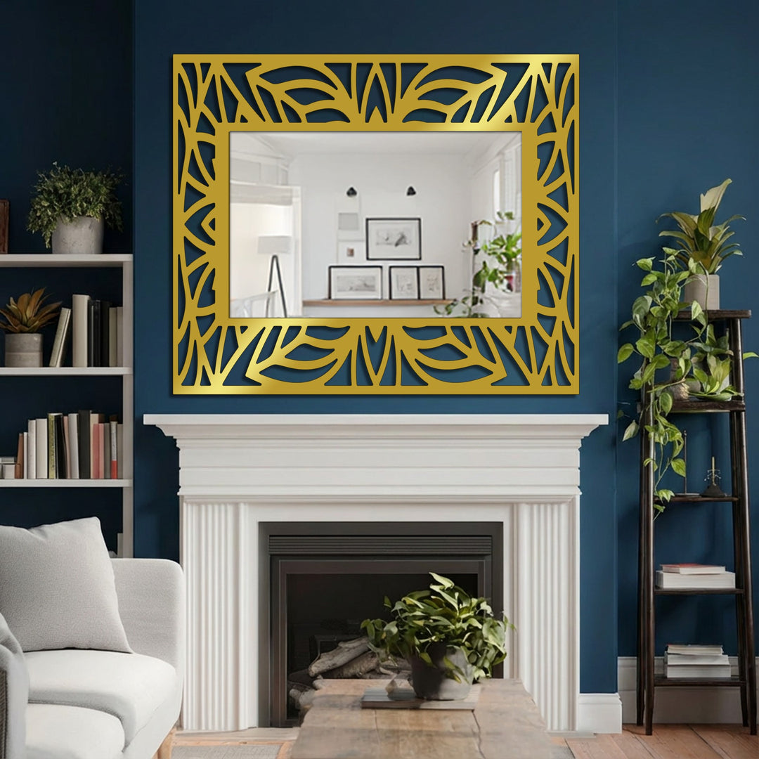 Deep blue walls dramatically contrast with the gold tropical leaf silhouette frame and the reflective surface of this striking decorative mirror.