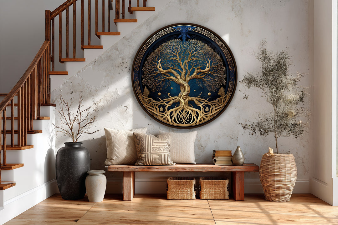 Layering gold details against a deep blue backdrop enhances the depth of this celestial roots, tree of life, round oil painting home decor.