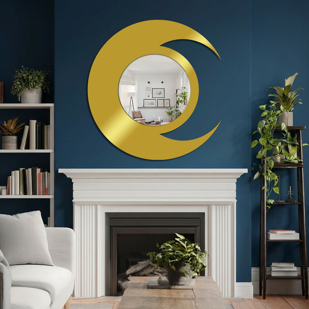 Reflecting a bright interior, the elegant crescent moon framed wall mirror serves as the focal point above a white fireplace, complementing the room's modern celestial design.