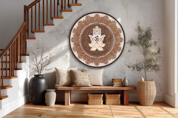 Illuminated by sunlight, the lotus flower and hamsa hand stand out in this spiritual round oil painting artwork, a sacred and elegant design on wood.