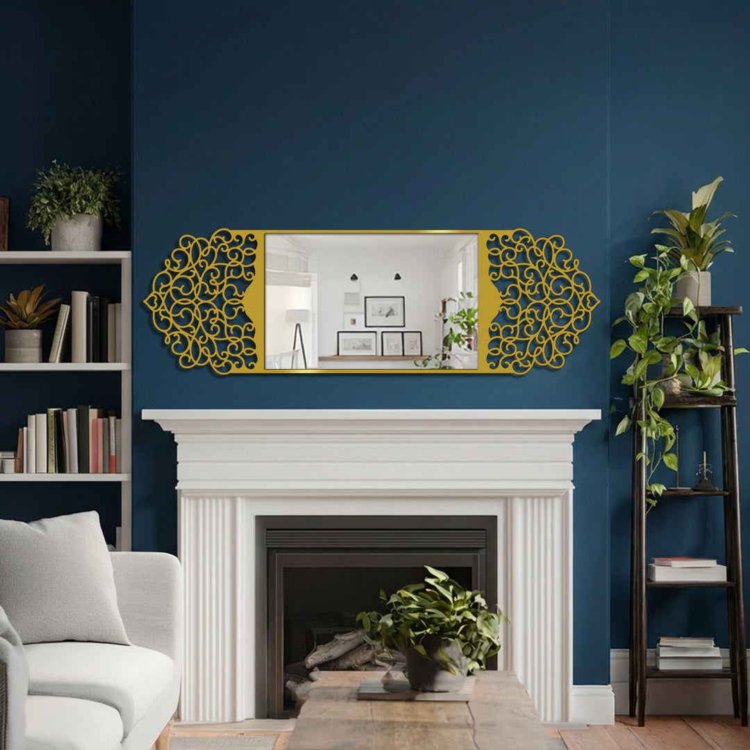 Showing the depth and layers of this interior, a decorative mirror, framed with an ornate arabesque arch design, reflects the light-filled space behind it.