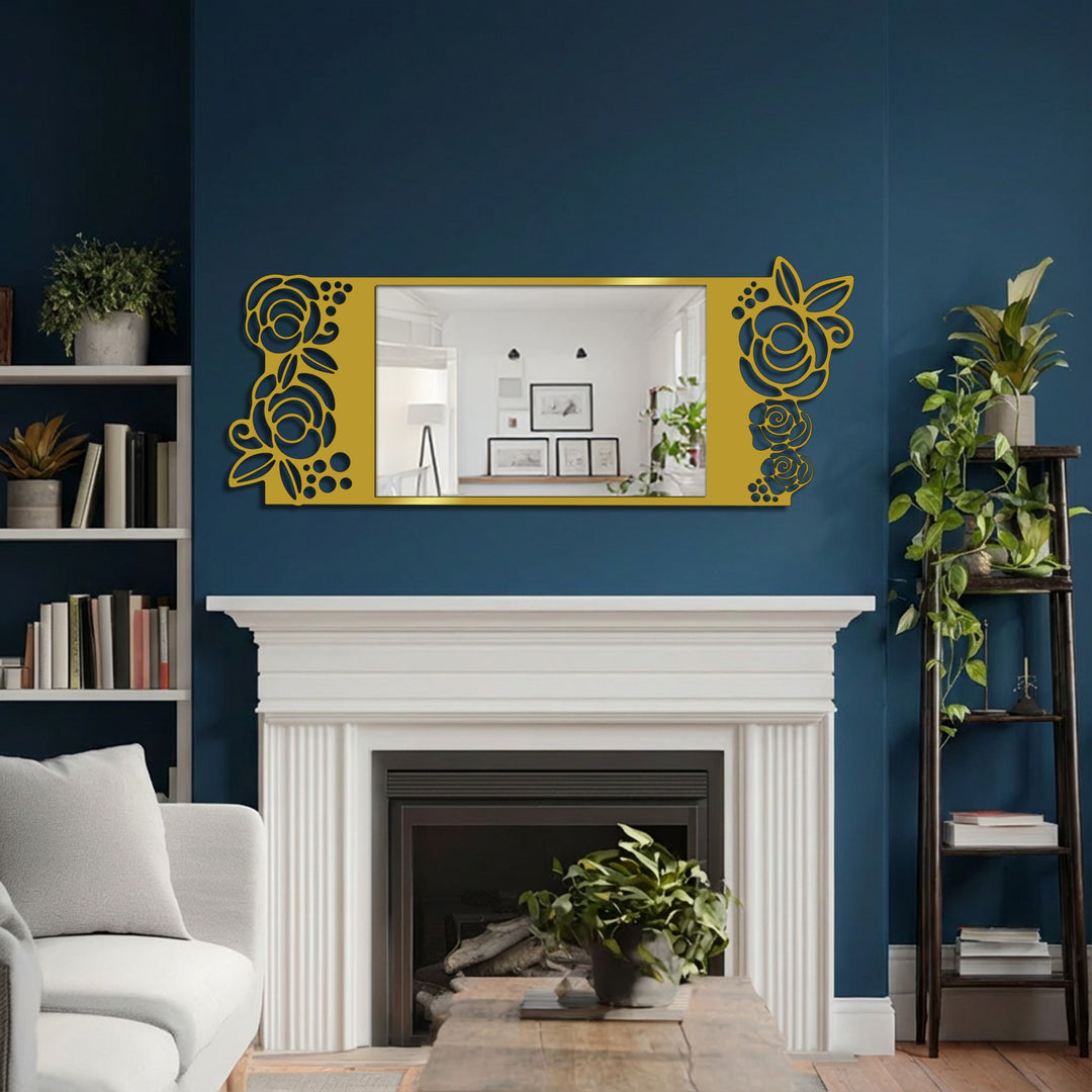 Negative space highlights the roses cut into the gold border of this mirror as a way of decorating with wall mirrors, creating an elegant and artistic focal point.