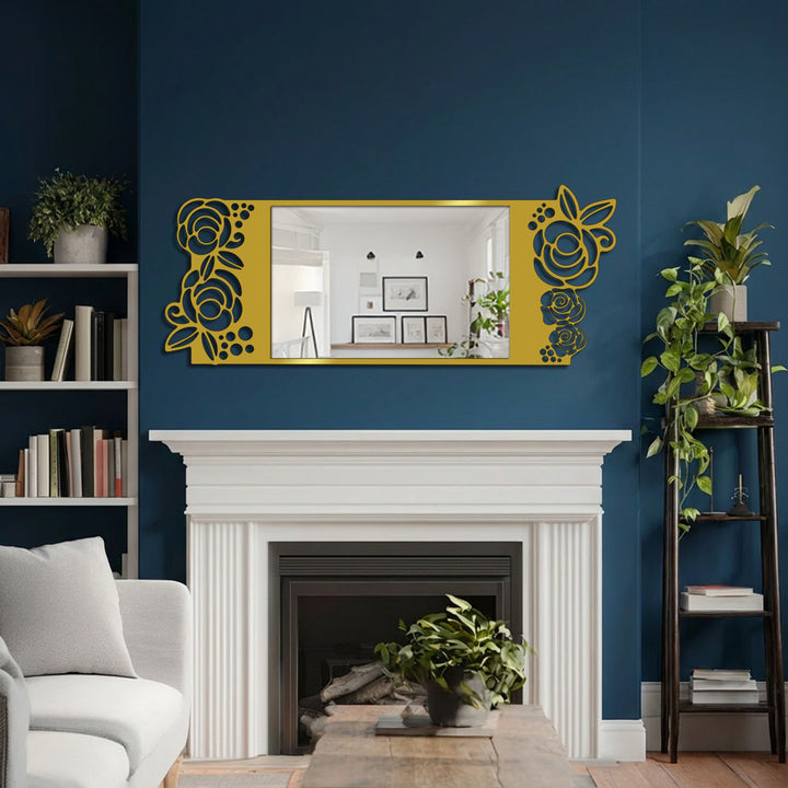 Negative space highlights the roses cut into the gold border of this mirror as a way of decorating with wall mirrors, creating an elegant and artistic focal point.