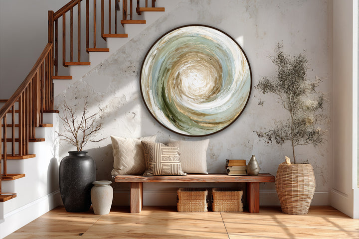 Highlighting the layering effect, this abstract round oil painting art piece features an earth-toned spiral with soft, elegant gradients of color creating depth.