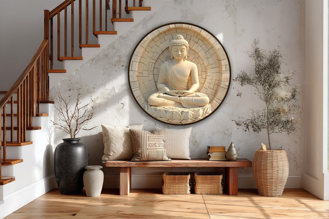 Ivory dominates the view of a serene Buddha in a round modern oil painting art piece, with stone details enhancing the spiritual aesthetic.
