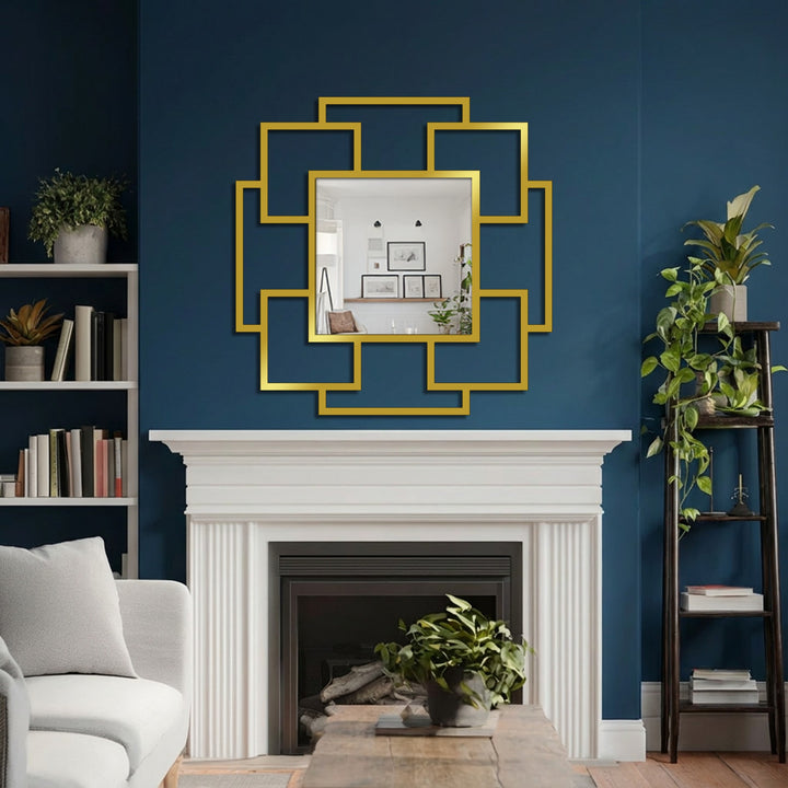 Gleaming gold finish of the Cascade Squares layered geometric bathroom mirror creates an artistic touch and adds to this unique wall decor.