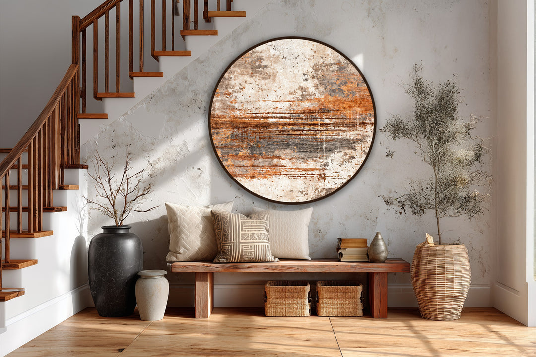 Predominantly rust-colored, this round abstract oil painting art prints featuring a textured horizon evokes earthy tones and a sense of rustic charm.