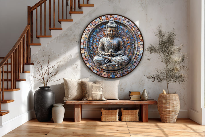 Negative space surrounds the round oil painting, highlighting the Buddha's serene expression in an oil painting reproduction print featuring a colorful mosaic tile halo.