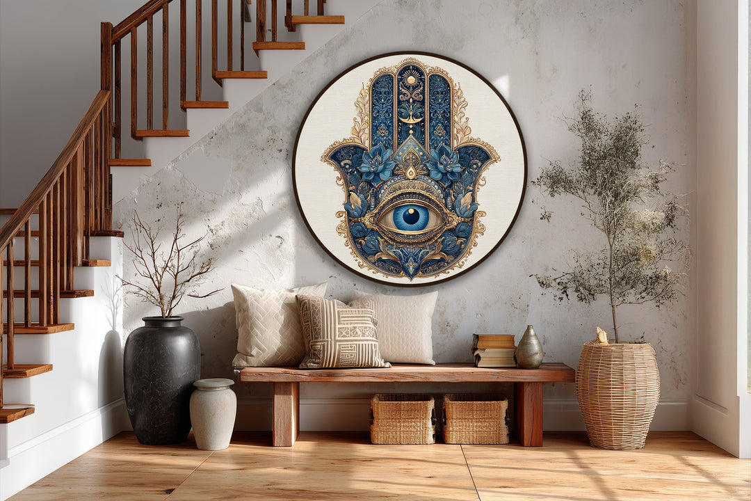 Exaggerated color saturation enhances the ornate details of this round, royal blue Hamsa eye in this striking oil painting wall art piece.