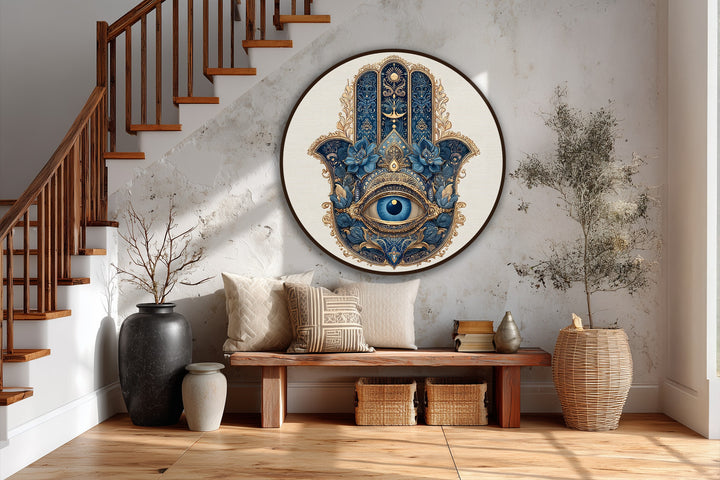 Exaggerated color saturation enhances the ornate details of this round, royal blue Hamsa eye in this striking oil painting wall art piece.