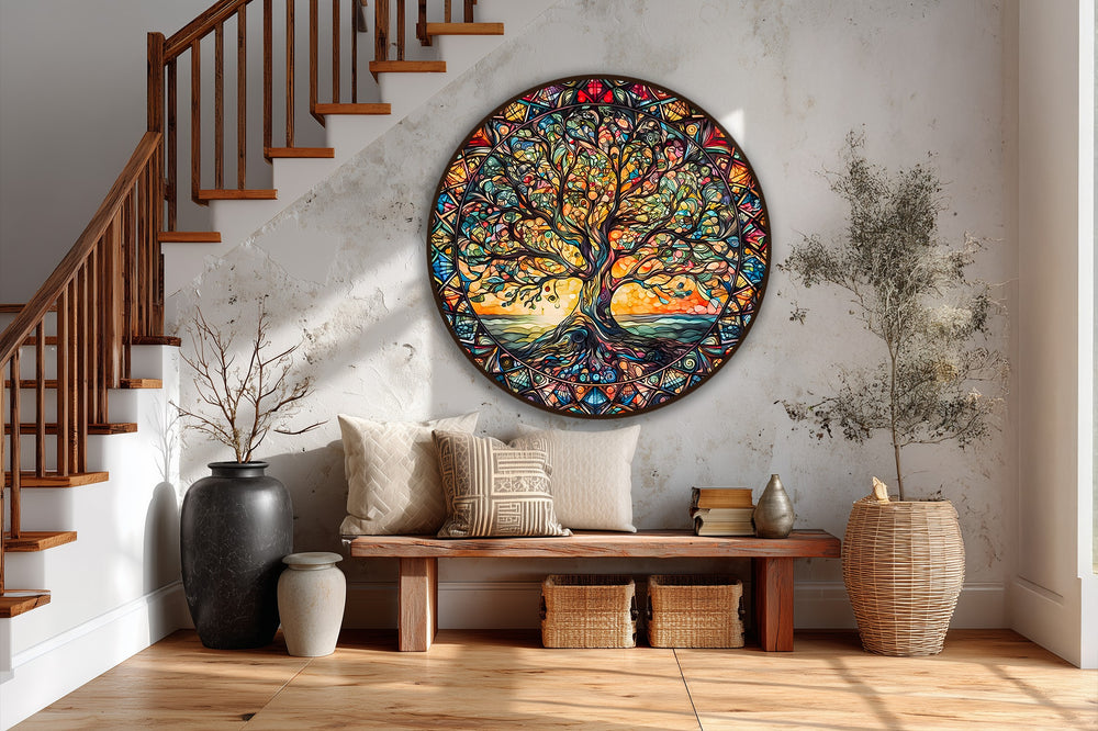 Swirling colors in this 'Radiant Harmony' circular oil painting home decor create a vibrant sense of movement within the 'Tree of Life' design.