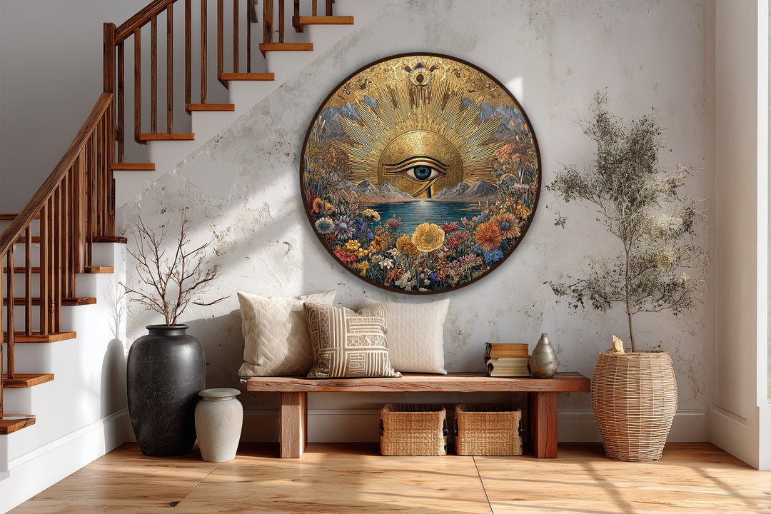Layering is seen in this unique oil painting art piece, a round wooden wall art depicting a golden horizon landscape with an eye over water and floral details.