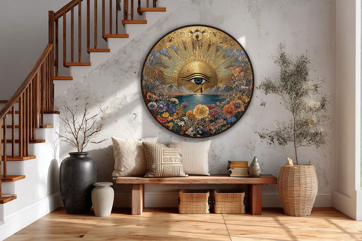 Layering is seen in this unique oil painting art piece, a round wooden wall art depicting a golden horizon landscape with an eye over water and floral details.
