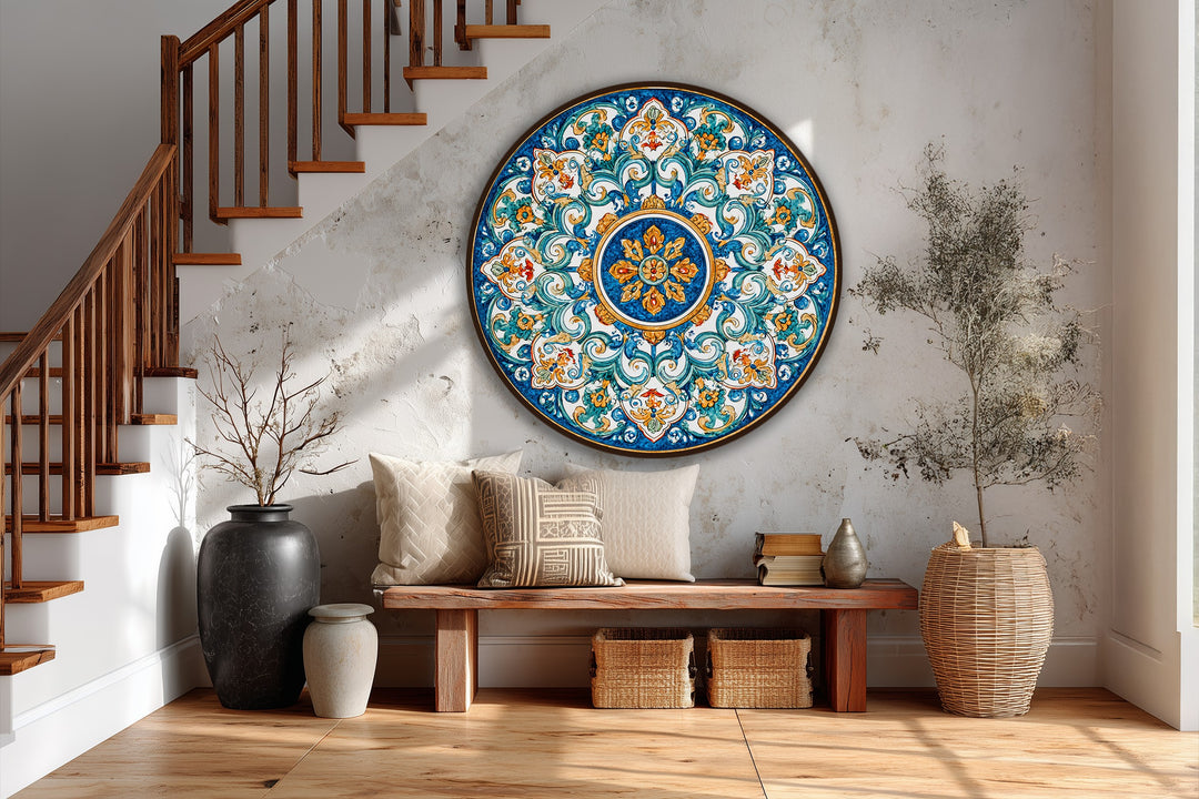 Radiating from the central medallion, this ornamental mandala round oil painting showcases the seamless blend of azure, gold, and coral hues in a modern oil painting art style.